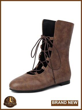 Faux Leather Lace Up Ankle Boots Cushioned Insole Flat Booties
